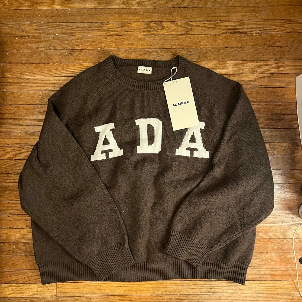 NWT ADANOLA Varsity Oversized Knit Sweatshirt | Espresso/Cream | XXL